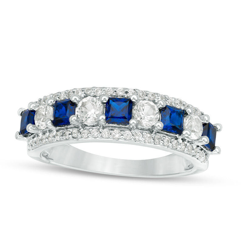 Image of ID 1 Princess-Cut Lab-Created Blue and White Sapphire with 025 CT TW Diamond Alternating Motif Ring in Solid 10K White Gold