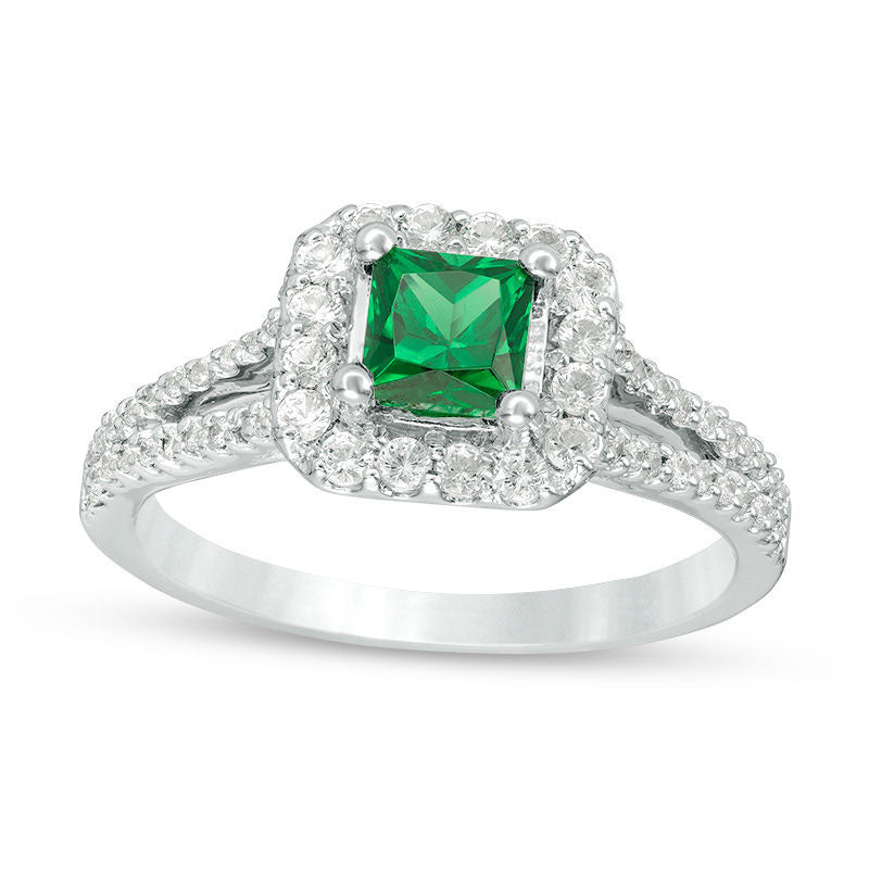 Image of ID 1 Princess-Cut Lab-Created Emerald White Sapphire and 025 CT TW Diamond Frame Engagement Ring in Sterling Silver
