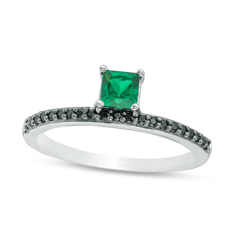 Image of ID 1 Princess-Cut Lab-Created Emerald and 010 CT TW Enhanced Black Diamond Ring in Sterling Silver