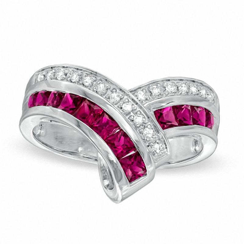 Image of ID 1 Princess-Cut Lab-Created Ruby and White Sapphire Chevron Ring in Sterling Silver