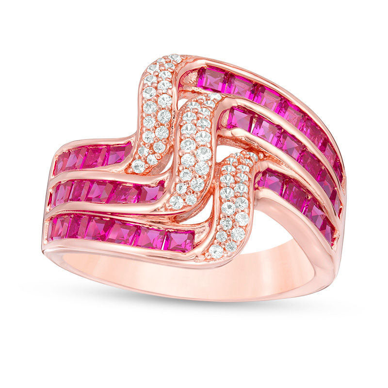 Image of ID 1 Princess-Cut Lab-Created Ruby and White Sapphire Multi-Row Wave Ring in Sterling Silver with Solid 14K Rose Gold Plate