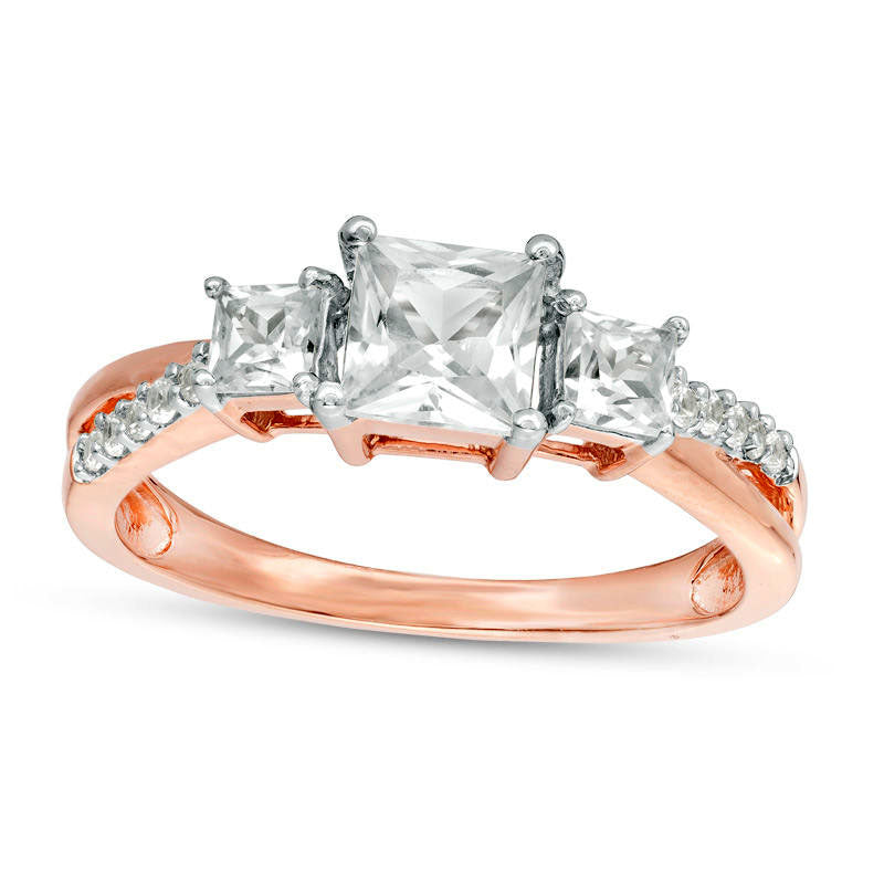 Image of ID 1 Princess-Cut Lab-Created White Sapphire Three Stone Engagement Ring in Solid 10K Rose Gold