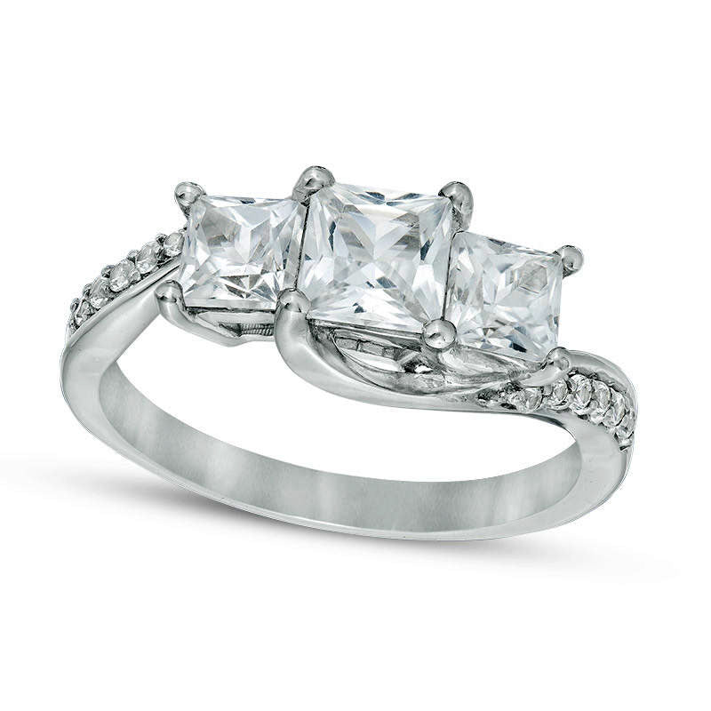 Image of ID 1 Princess-Cut Lab-Created White Sapphire Three Stone Engagement Ring in Sterling Silver