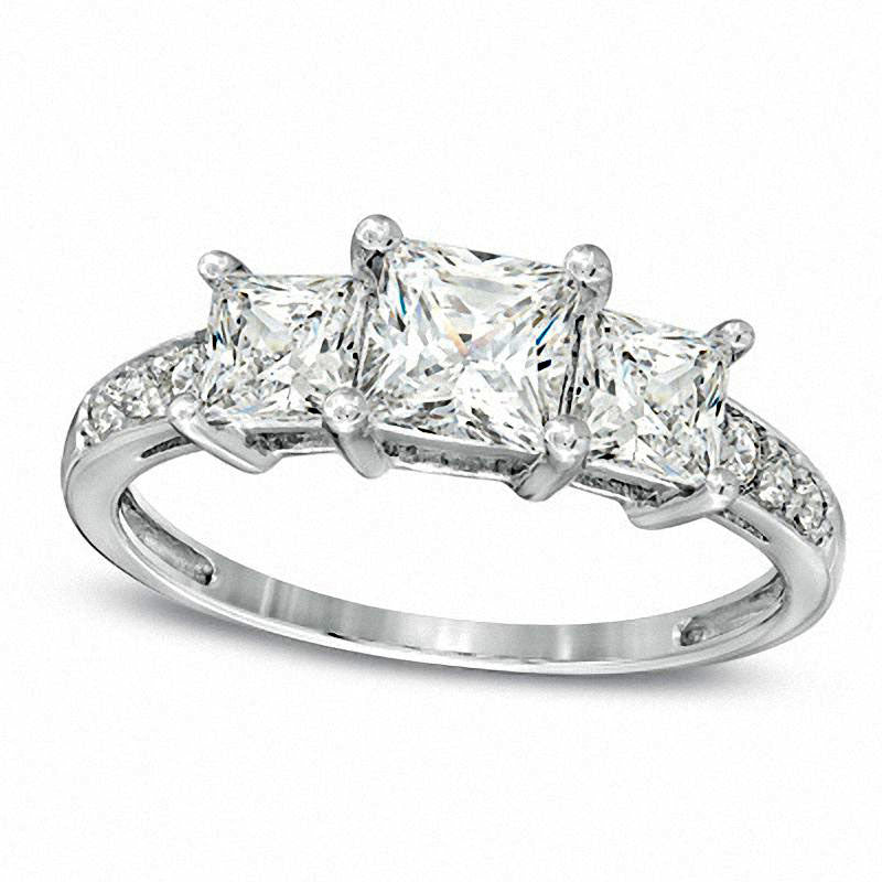 Image of ID 1 Princess-Cut Lab-Created White Sapphire Three Stone Ring in Solid 10K White Gold