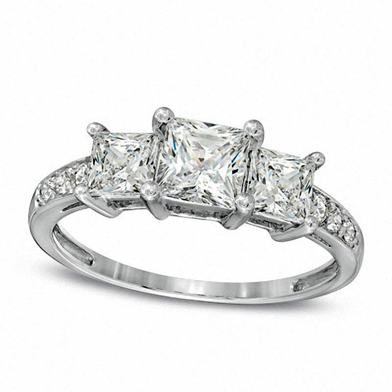Image of ID 1 Princess-Cut Lab-Created White Sapphire Three Stone Ring in Sterling Silver