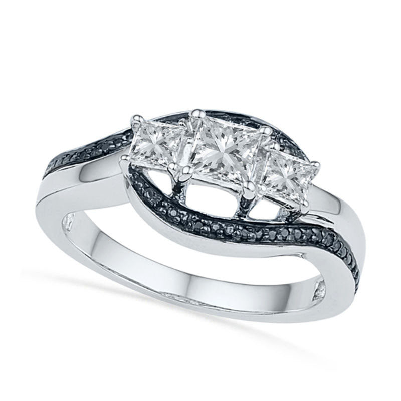 Image of ID 1 Princess-Cut Lab-Created White Sapphire and Enhanced Black Diamond Accent Three Stone Promise Ring in Sterling Silver