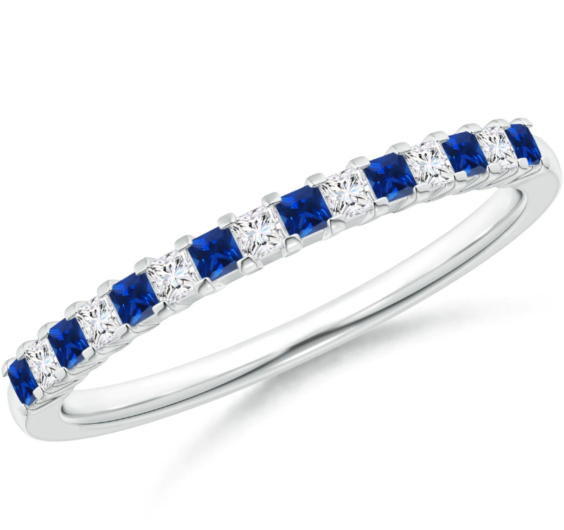 Image of ID 1 Princess Cut Natural Blue Sapphire & Diamonds Half Eternity Wedding Band in 14K White Gold