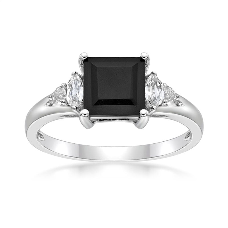 Image of ID 1 Princess-Cut Onyx and Multi-Shape White Topaz Ring in Sterling Silver