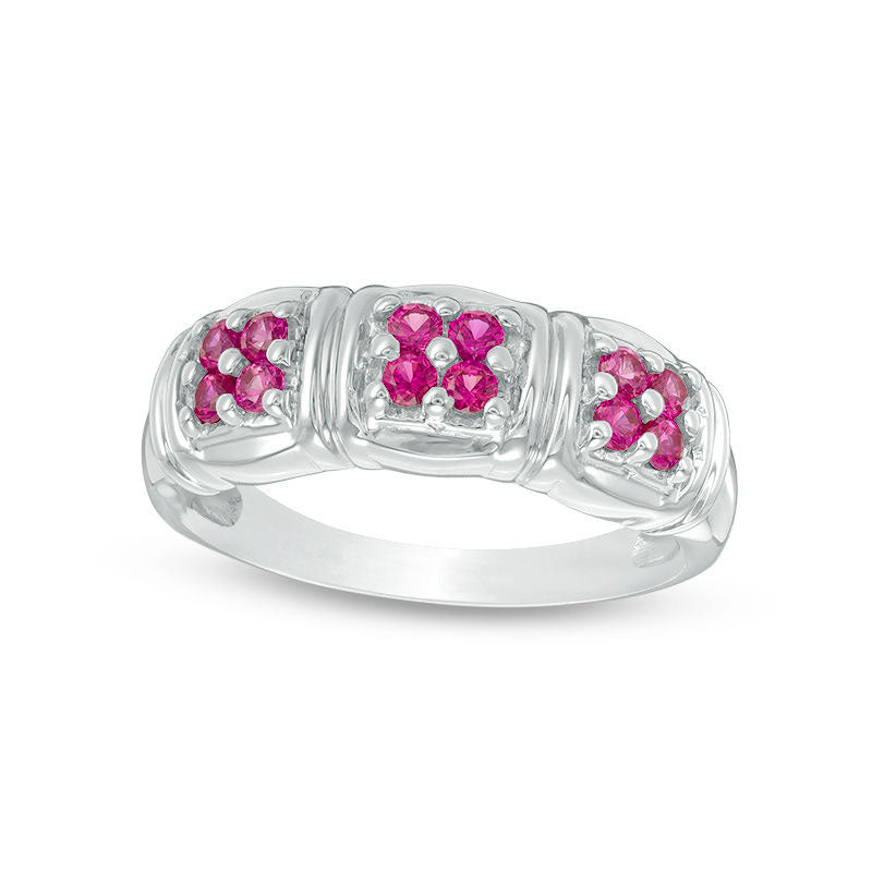 Image of ID 1 Quad Lab-Created Ruby Three Stone Ring in Sterling Silver