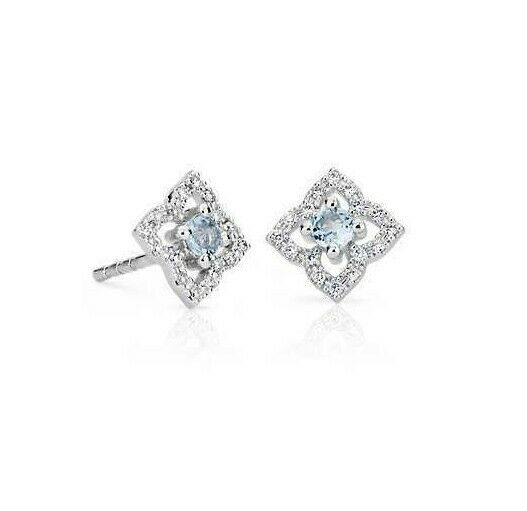 Image of ID 1 REAL Diamond Aquamarine March Birthstone Floral Stud Earrings in 14k Gold