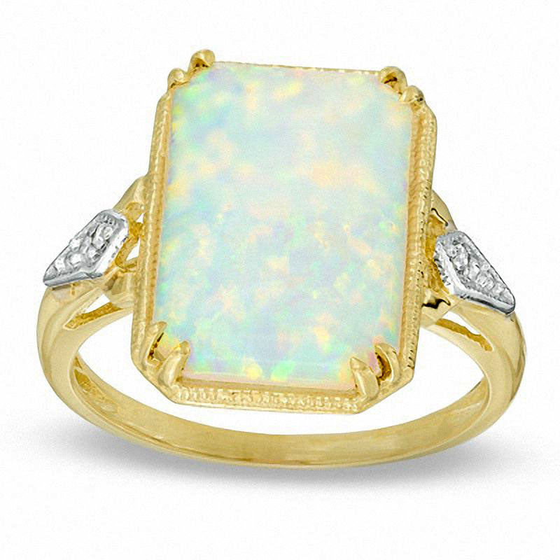 Image of ID 1 Rectangular Lab-Created Opal and Diamond Accent Ring in Solid 10K Yellow Gold