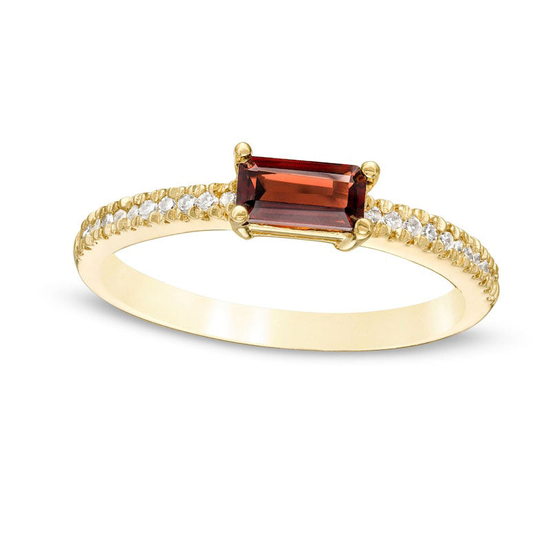 Image of ID 1 Sideways Baguette Garnet and 010 CT TW Natural Diamond Stackable Ring in Solid 10K Yellow Gold