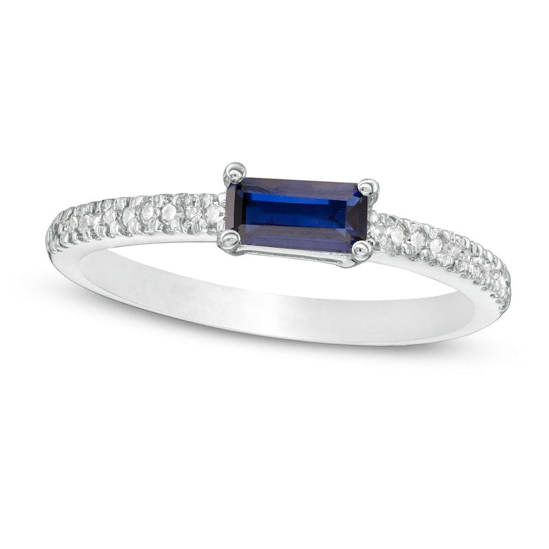 Image of ID 1 Sideways Baguette Lab-Created Blue Sapphire and 010 CT TW Diamond Stackable Ring in Solid 10K White Gold