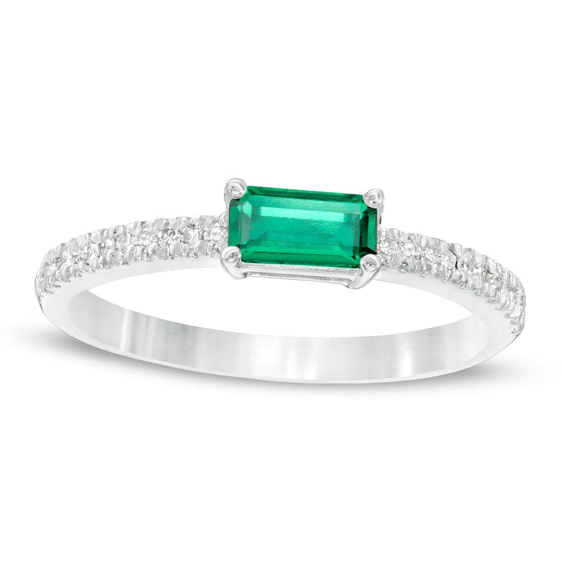 Image of ID 1 Sideways Baguette Lab-Created Emerald and 010 CT TW Diamond Stackable Ring in Solid 10K White Gold