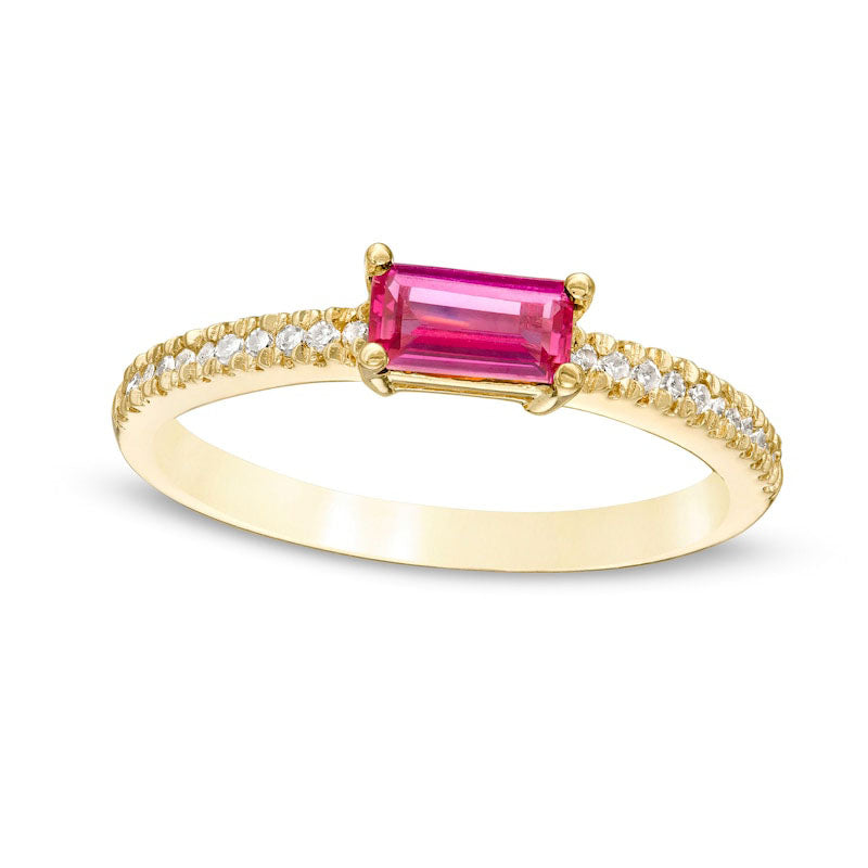 Image of ID 1 Sideways Baguette Lab-Created Ruby and 010 CT TW Diamond Stackable Ring in Solid 10K Yellow Gold