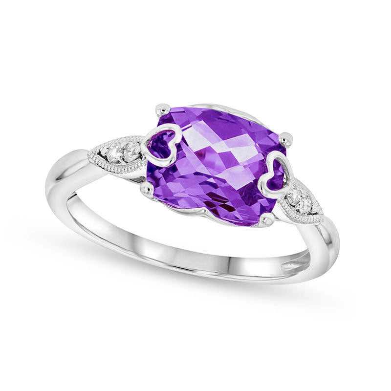 Image of ID 1 Sideways Cushion-Cut Amethyst and Natural Diamond Accent Heart Overlay Antique Vintage-Style Ring in Solid 14K White Gold