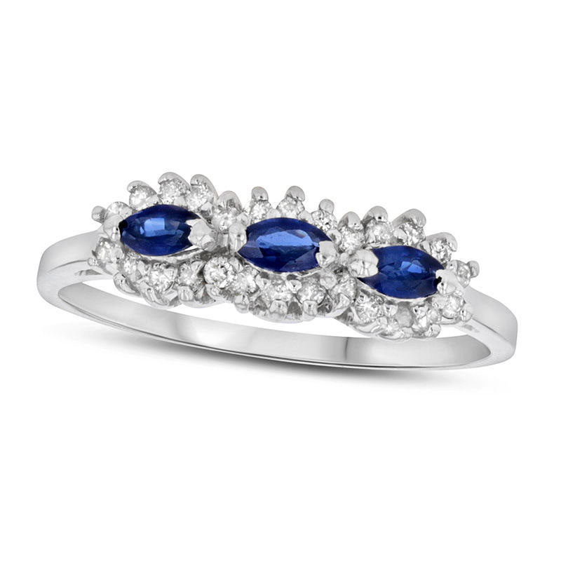 Image of ID 1 Sideways Marquise Blue Sapphire and 020 CT TW Natural Diamond Frame Three Stone Ring in Solid 14K White Gold