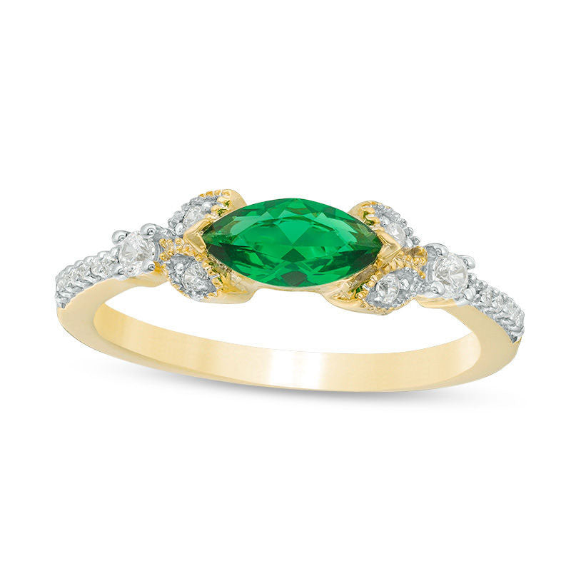 Image of ID 1 Sideways Marquise Lab-Created Emerald and 010 CT TW Diamond Petals Ring in Solid 10K Yellow Gold