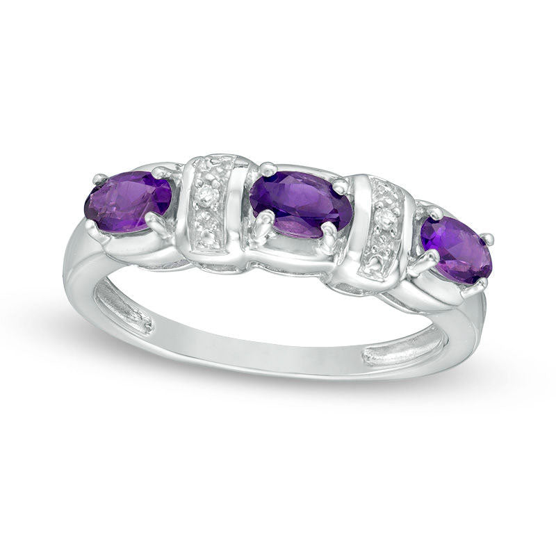 Image of ID 1 Sideways Oval Amethyst and Natural Diamond Accent Three Stone Station Ring in Sterling Silver
