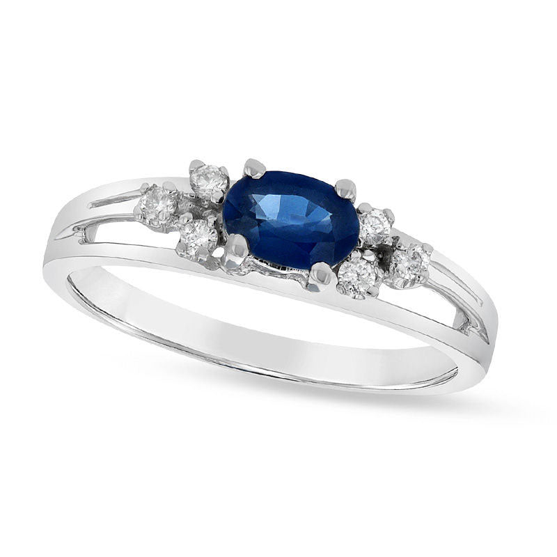 Image of ID 1 Sideways Oval Blue Sapphire and 010 CT TW Natural Diamond Tri-Sides Split Shank Ring in Solid 14K White Gold
