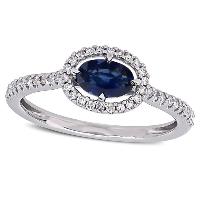Image of ID 1 Sideways Oval Blue Sapphire and 020 CT TW Natural Diamond Frame Ring in Solid 14K White Gold