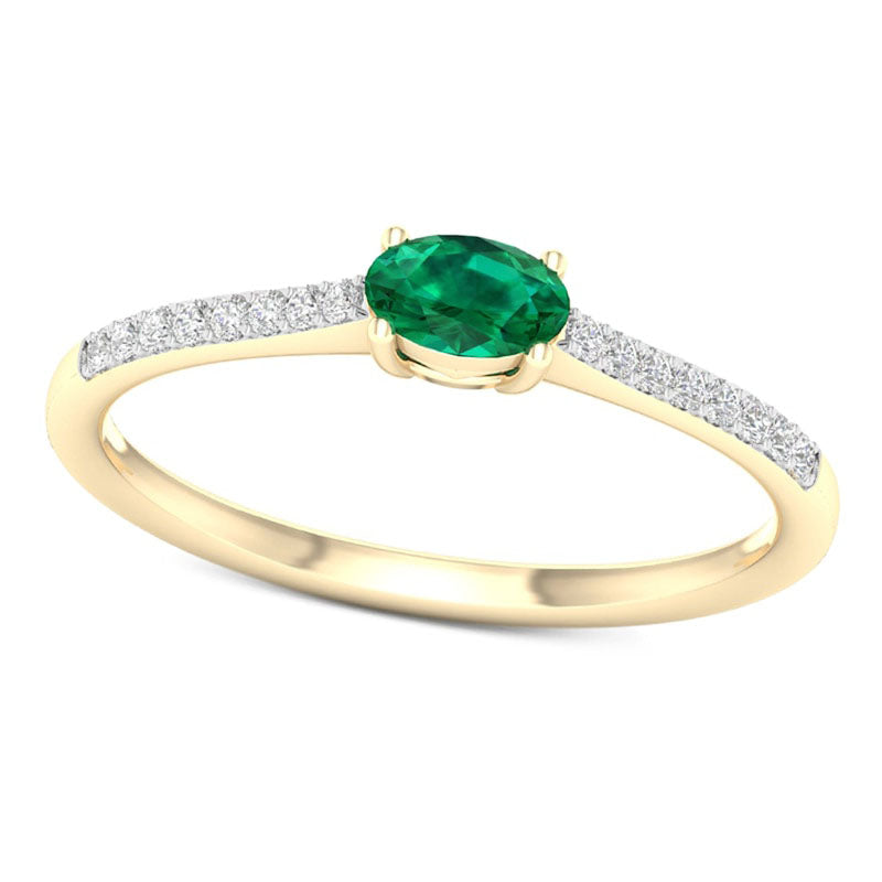 Image of ID 1 Sideways Oval Emerald and 007 CT TW Natural Diamond Stackable Ring in Solid 10K Yellow Gold