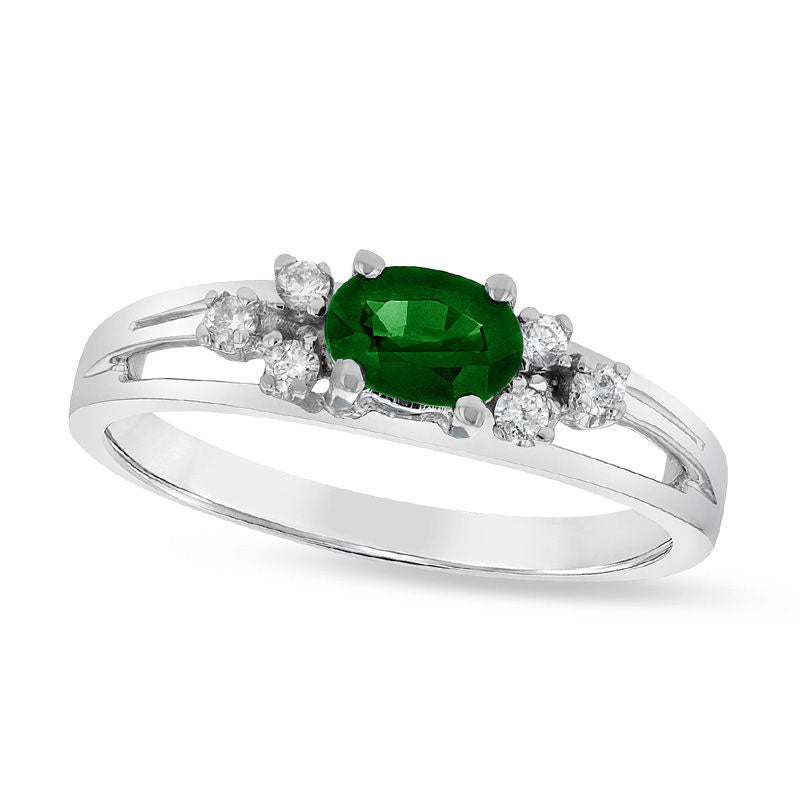 Image of ID 1 Sideways Oval Emerald and 010 CT TW Natural Diamond Tri-Sides Split Shank Ring in Solid 14K White Gold
