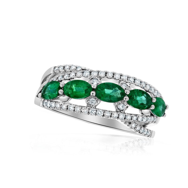 Image of ID 1 Sideways Oval Emerald and 025 CT TW Natural Diamond Five Stone Ring in Solid 14K White Gold