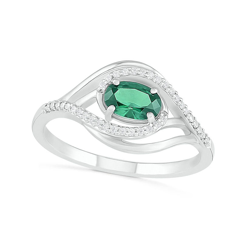 Image of ID 1 Sideways Oval Lab-Created Emerald and 007 CT TW Diamond Layered Multi-Row Split Shank Ring in Sterling Silver