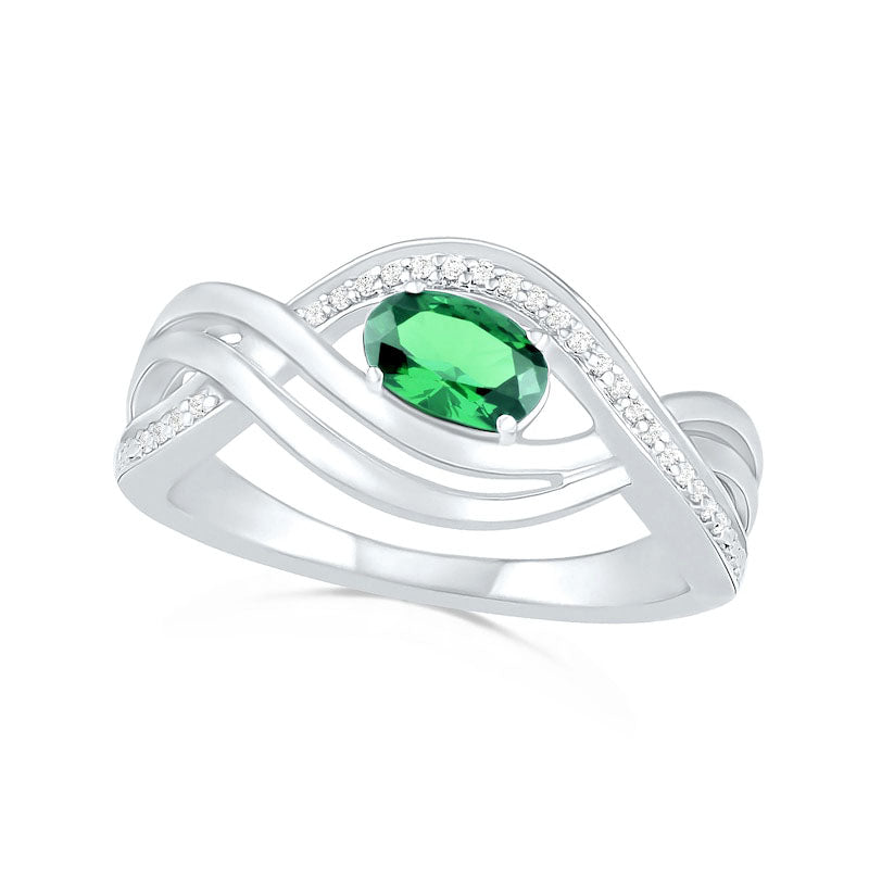 Image of ID 1 Sideways Oval Lab-Created Emerald and 007 CT TW Diamond Multi-Row Bypass Split Shank Ring in Sterling Silver