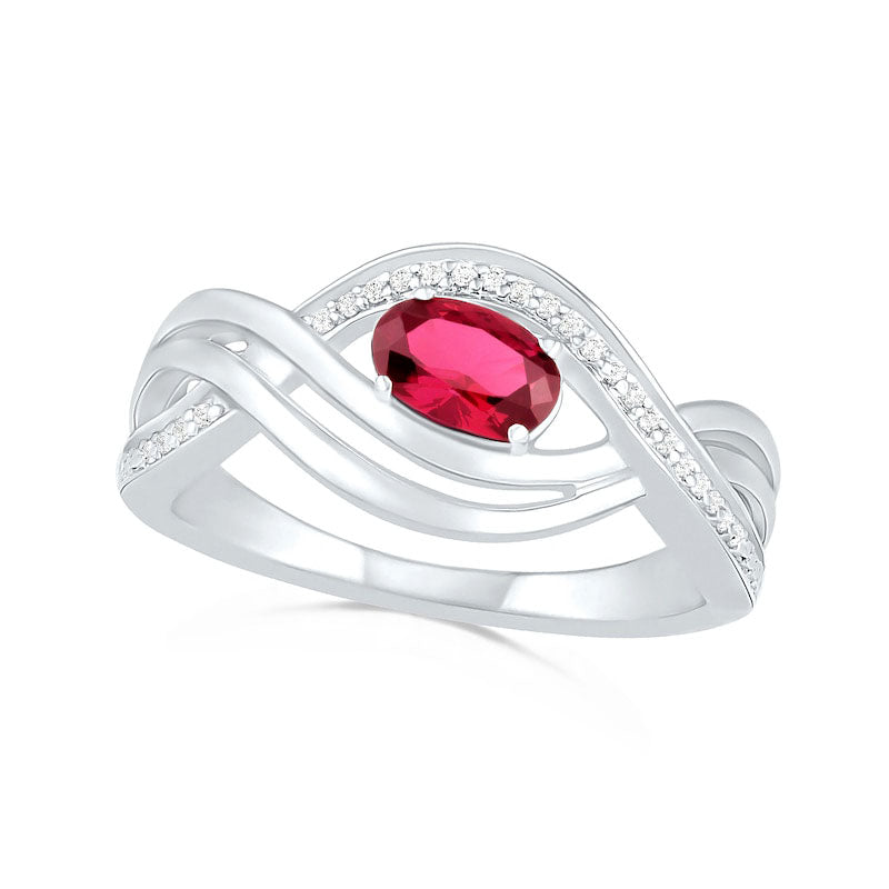 Image of ID 1 Sideways Oval Lab-Created Ruby and 007 CT TW Diamond Multi-Row Bypass Split Shank Ring in Sterling Silver