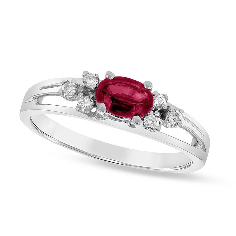 Image of ID 1 Sideways Oval Ruby and 010 CT TW Natural Diamond Tri-Sides Split Shank Ring in Solid 14K White Gold