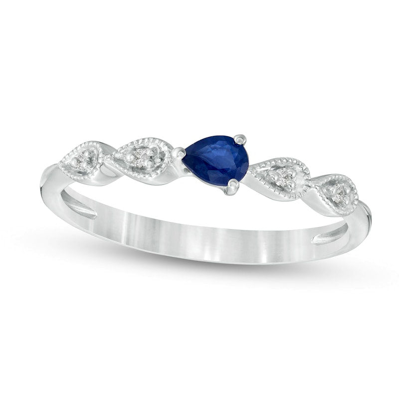Image of ID 1 Sideways Pear-Shaped Blue Sapphire and Natural Diamond Accent Teardrop Frame Five Stone Stackable Ring in Solid 14K White Gold