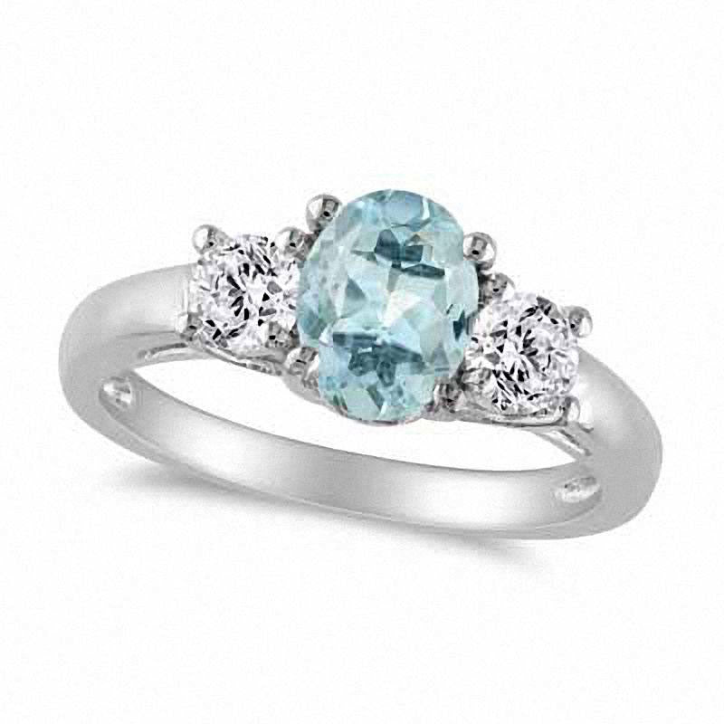 Image of ID 1 Simulated Aquamarine and Lab-Created White Sapphire Three Stone Ring in Sterling Silver