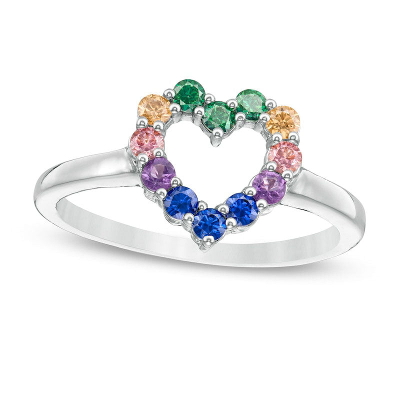 Image of ID 1 Simulated Multi-Color Sapphire Heart Outline Ring in Sterling Silver