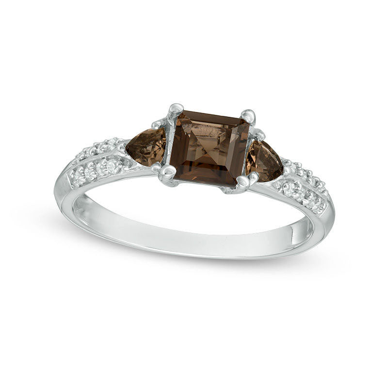 Image of ID 1 Smoky Quartz and Natural Diamond Accent Three Stone Ring in Sterling Silver