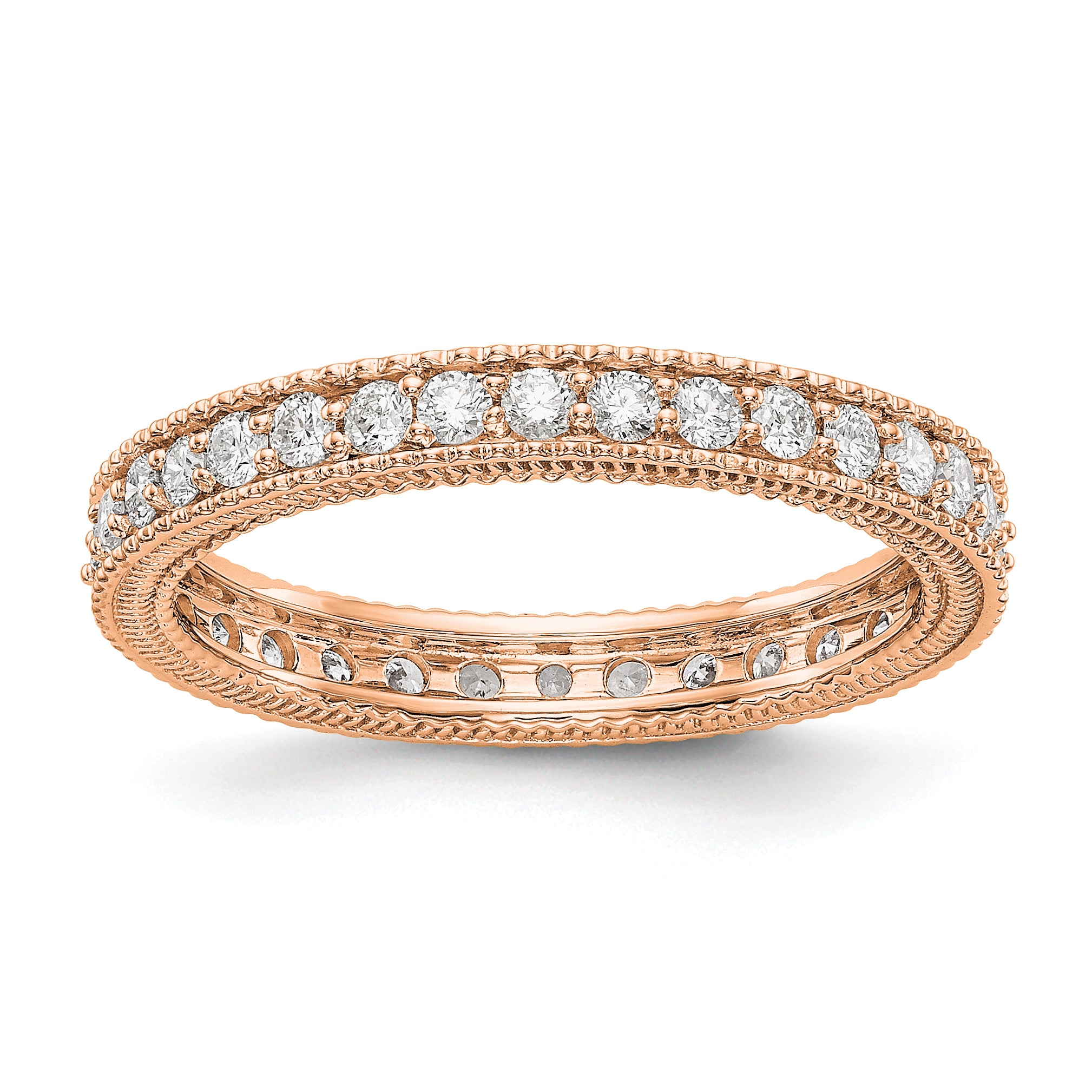 Image of ID 1 Solid Real 14k Rose Gold Polished 3/4CT Milgrain Edge CZ Eternity Wedding Band Ring