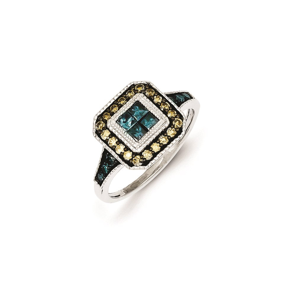 Image of ID 1 Sterling Silver Antiqued Square White Champagne & Blue Diamond Ring