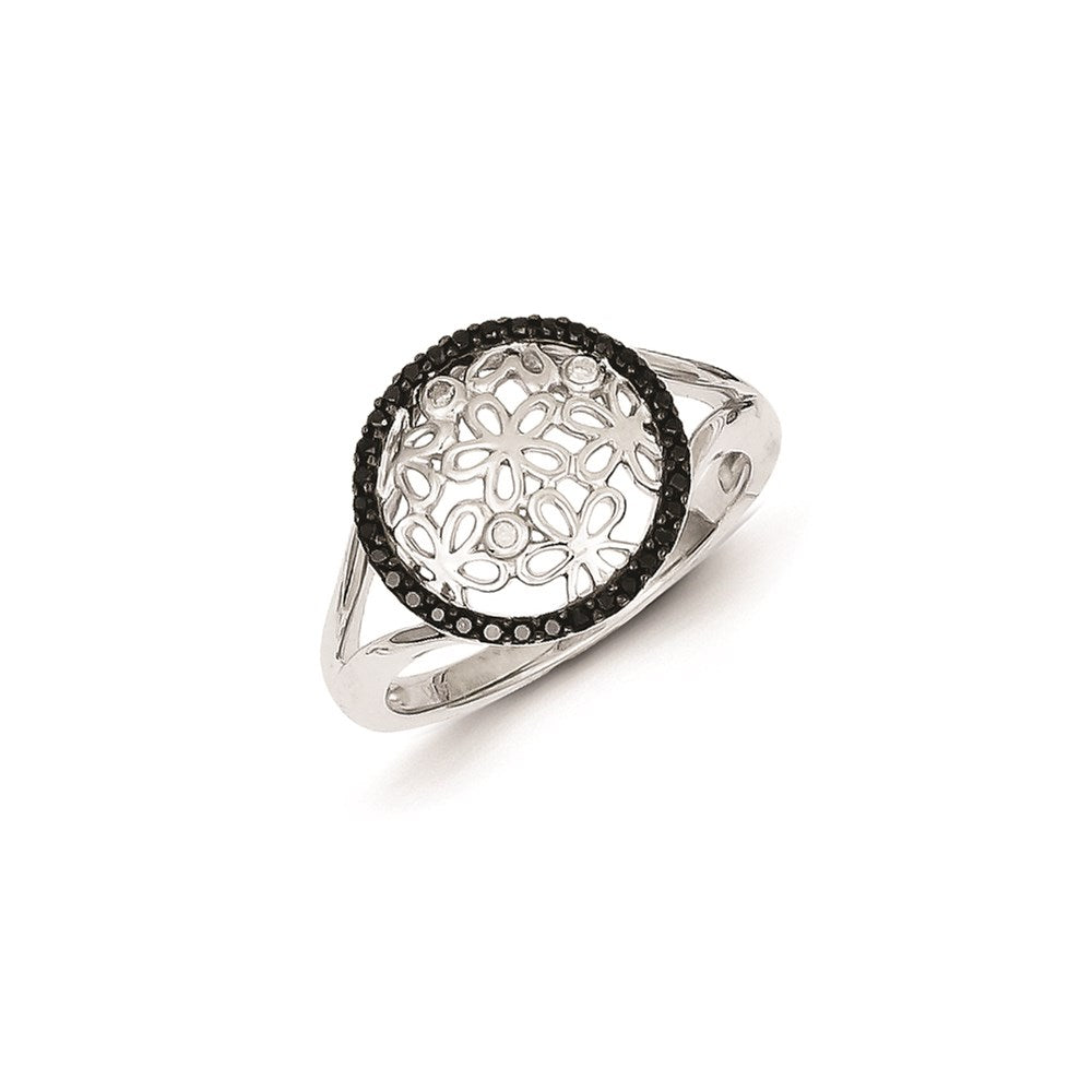 Image of ID 1 Sterling Silver Black & White Diamond Circle & Flower Ring