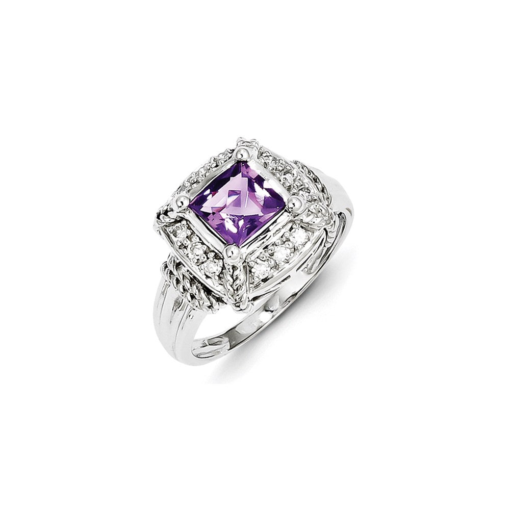 Image of ID 1 Sterling Silver Diamond and Amethyst Square Ring
