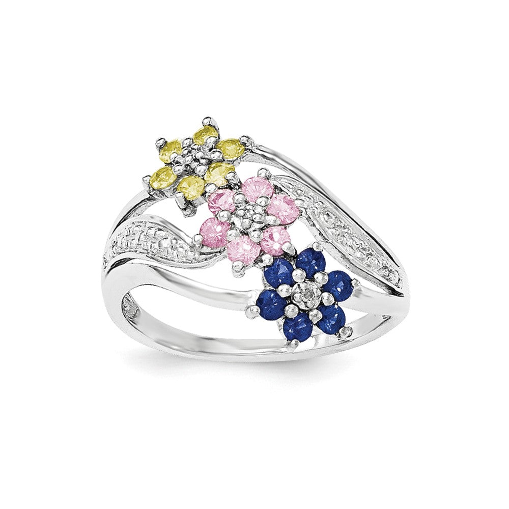 Image of ID 1 Sterling Silver Floral Blue/Pink/Yellow Sapphire & Diamond Ring