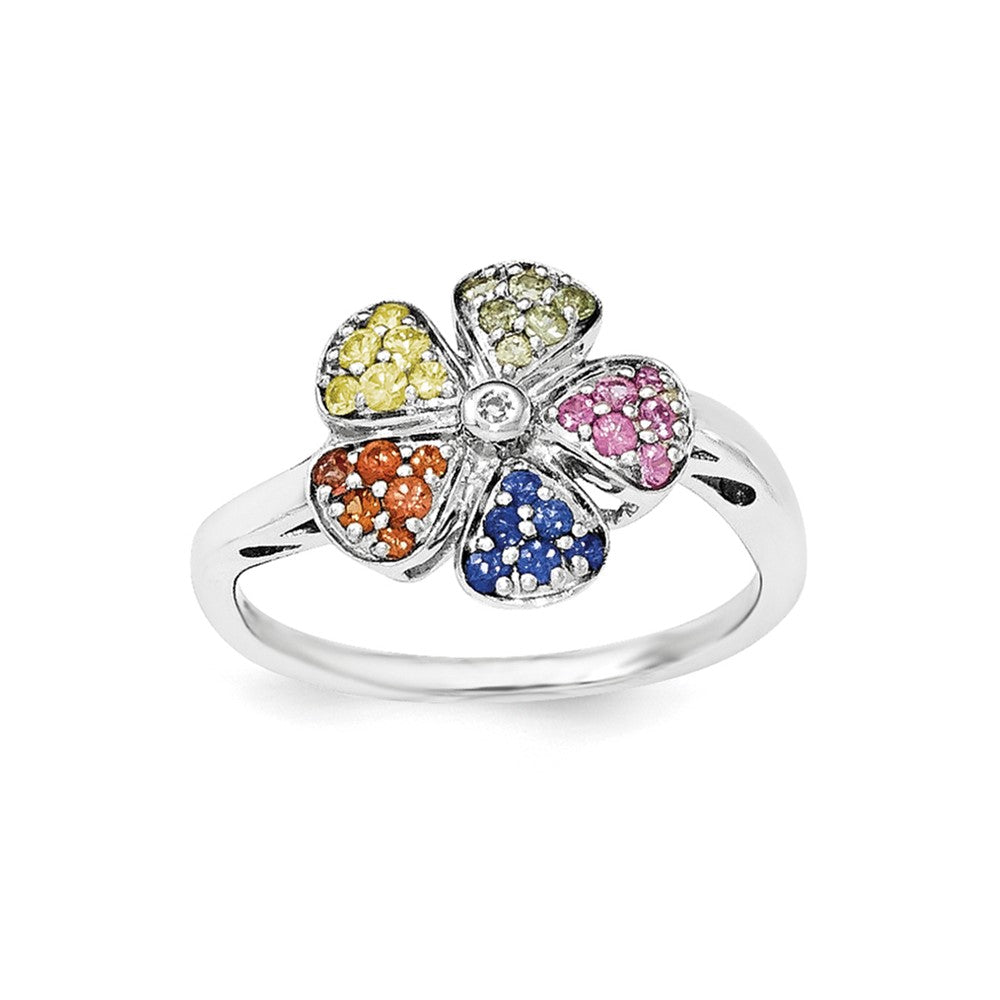 Image of ID 1 Sterling Silver Polished Multi Sapphire & Diamond Flower Ring