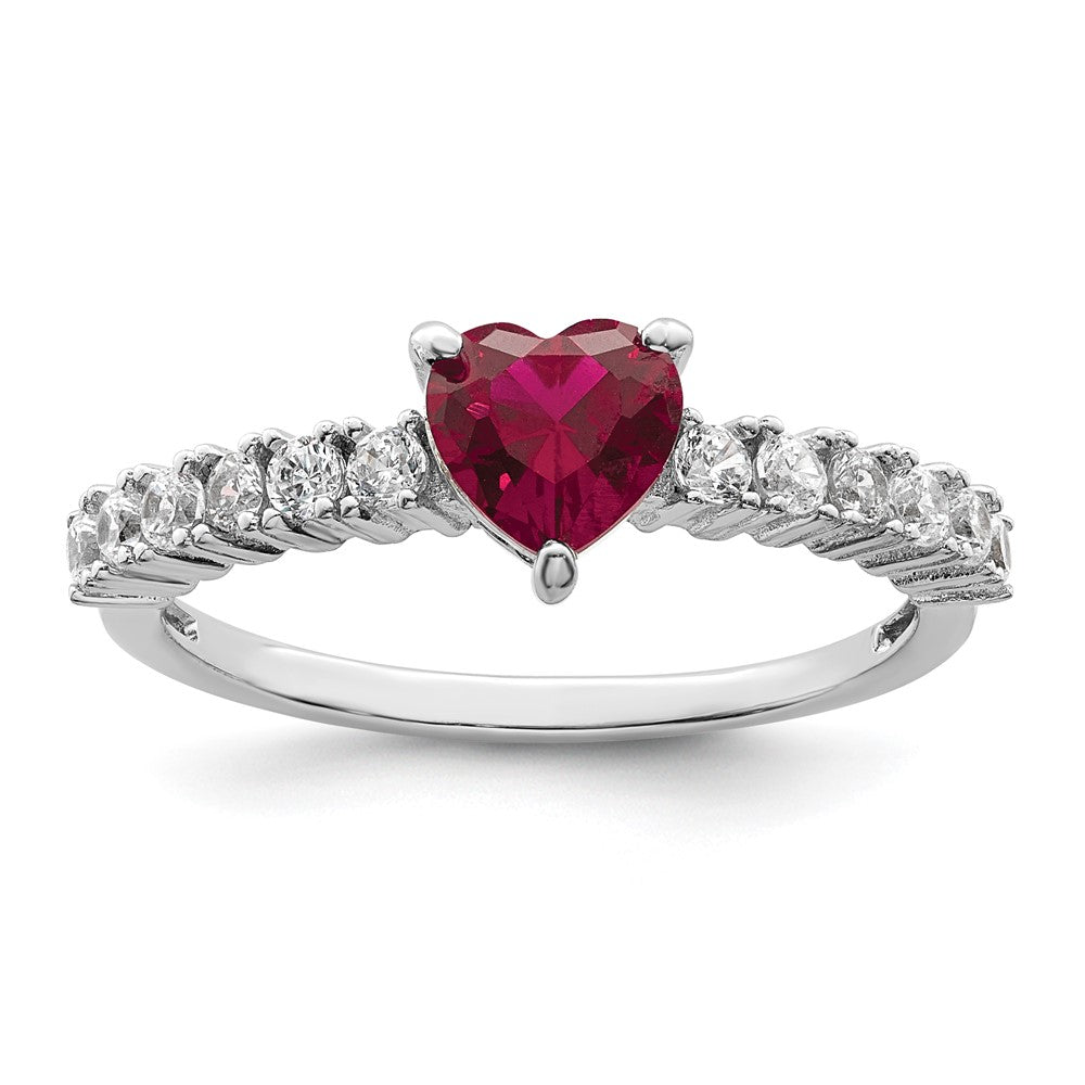 Image of ID 1 Sterling Silver Polished Rhodium-plated Created Ruby and CZ Heart Ring