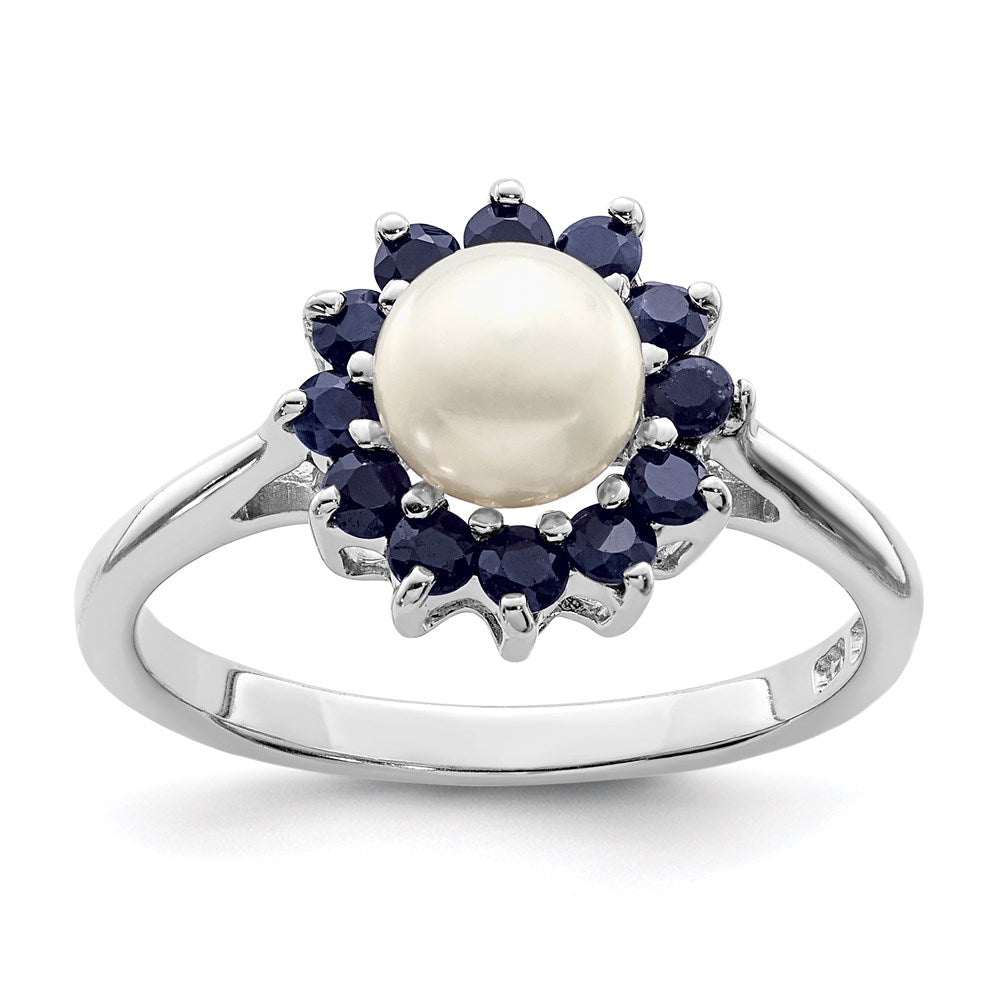 Image of ID 1 Sterling Silver Rhod 6mm FW Cultured Button Pearl & Sapphire Ring