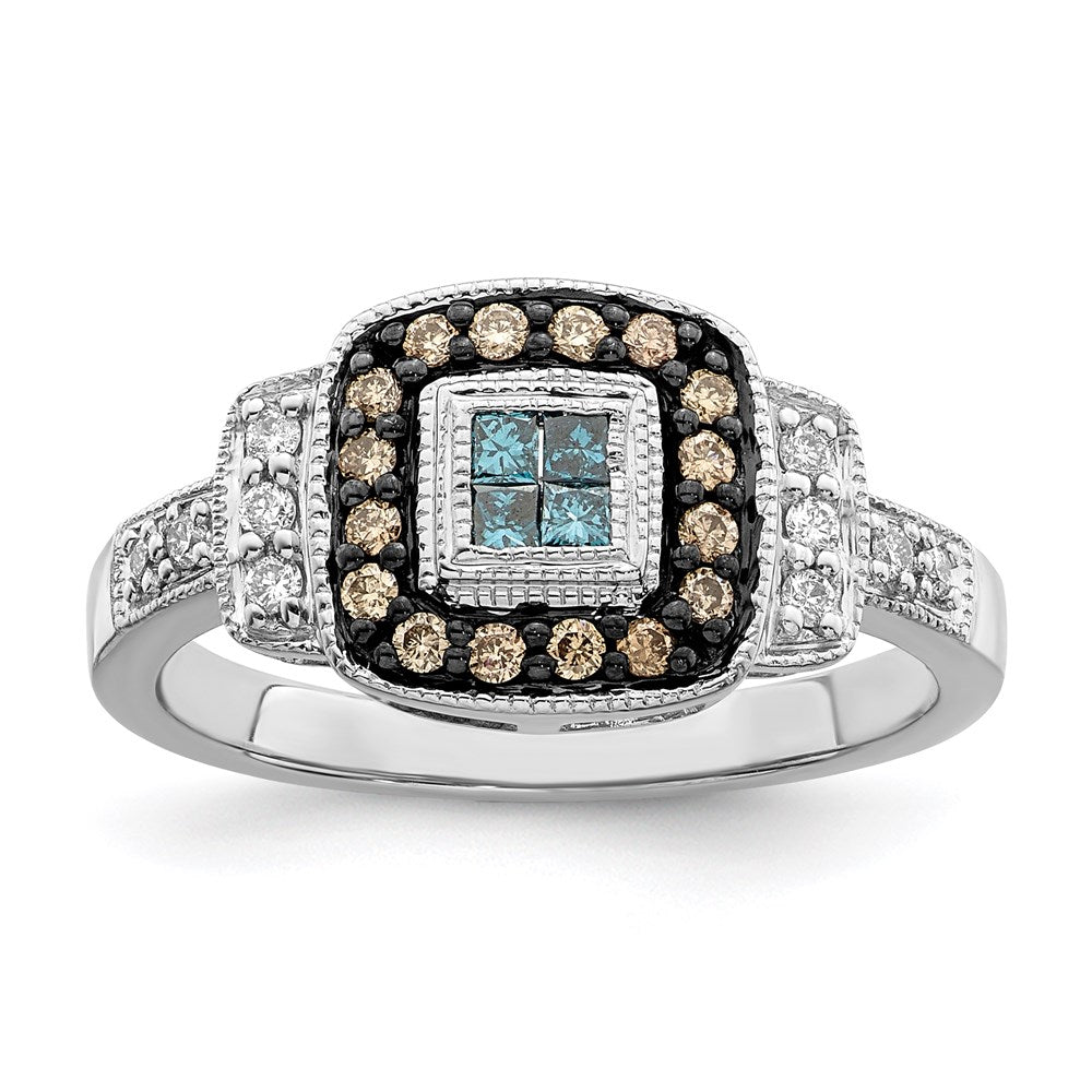 Image of ID 1 Sterling Silver Rhod Plated Square White Champagne & Blue Diamond Ring