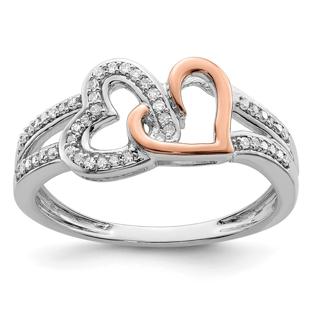 Image of ID 1 Sterling Silver Rhodium & 14k Rose Gold Diamonds Two Heart Ring