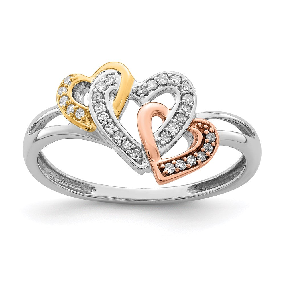 Image of ID 1 Sterling Silver Rhodium & 14k Yellow/Rose Gold Diamonds Three Heart Ring