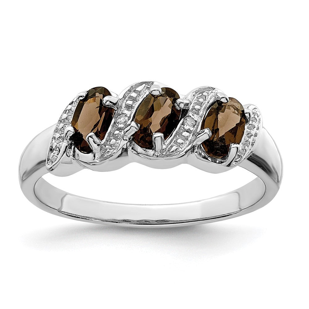 Image of ID 1 Sterling Silver Rhodium 3 Stone Smoky Quartz & Diamond Ring