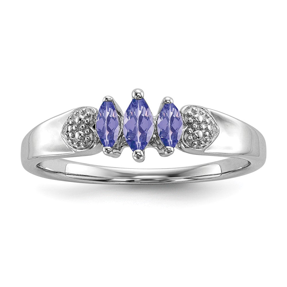 Image of ID 1 Sterling Silver Rhodium 3 Stone Tanzanite and Diamond Ring