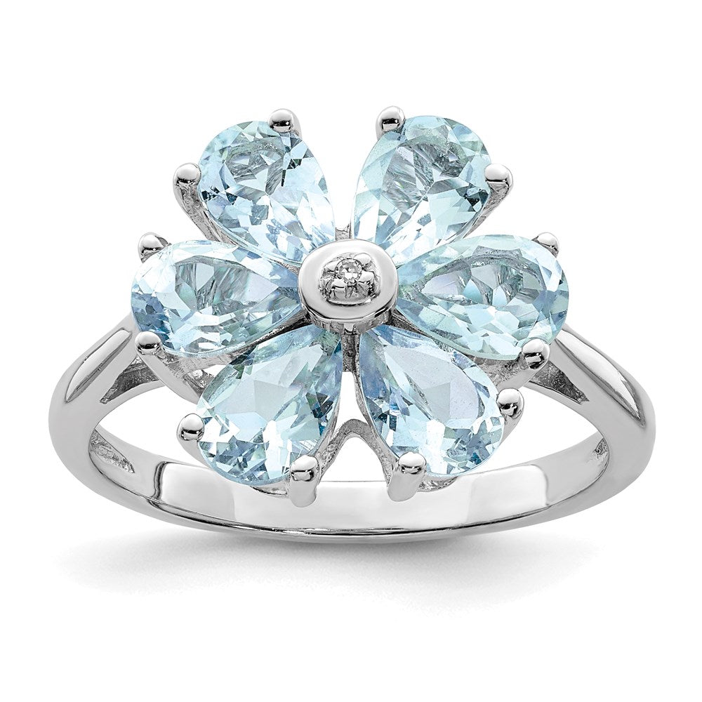 Image of ID 1 Sterling Silver Rhodium Aqua & Diamond Flower Ring